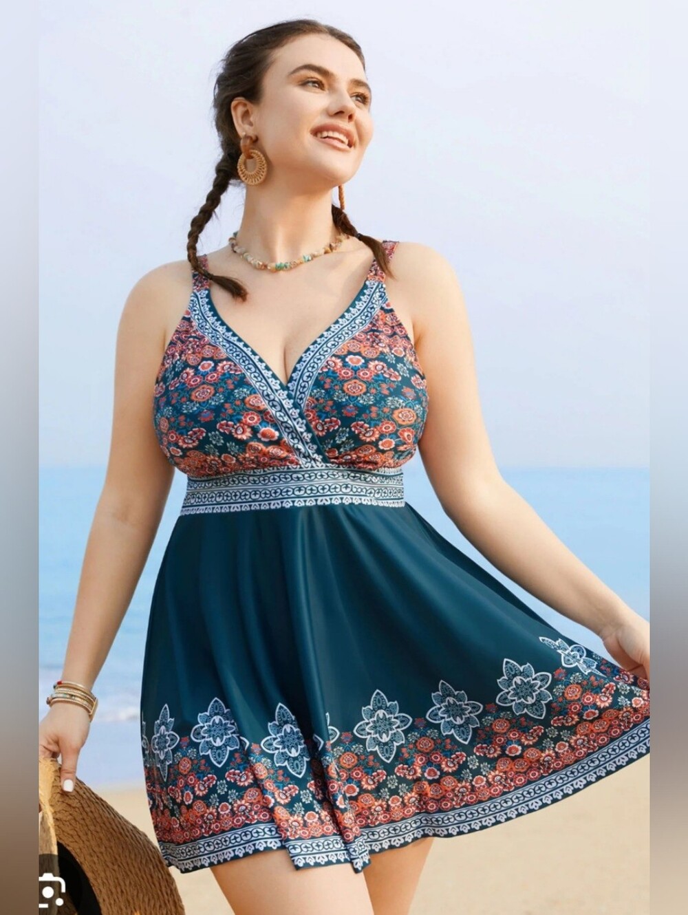 Boho Print Surplice Neck Adjustable Swim Dress